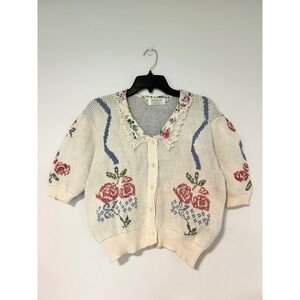 VTG Knit Sweater Loft Floral Lace Collar Cardigan Cream Cotton Short Sleeve‎ Med